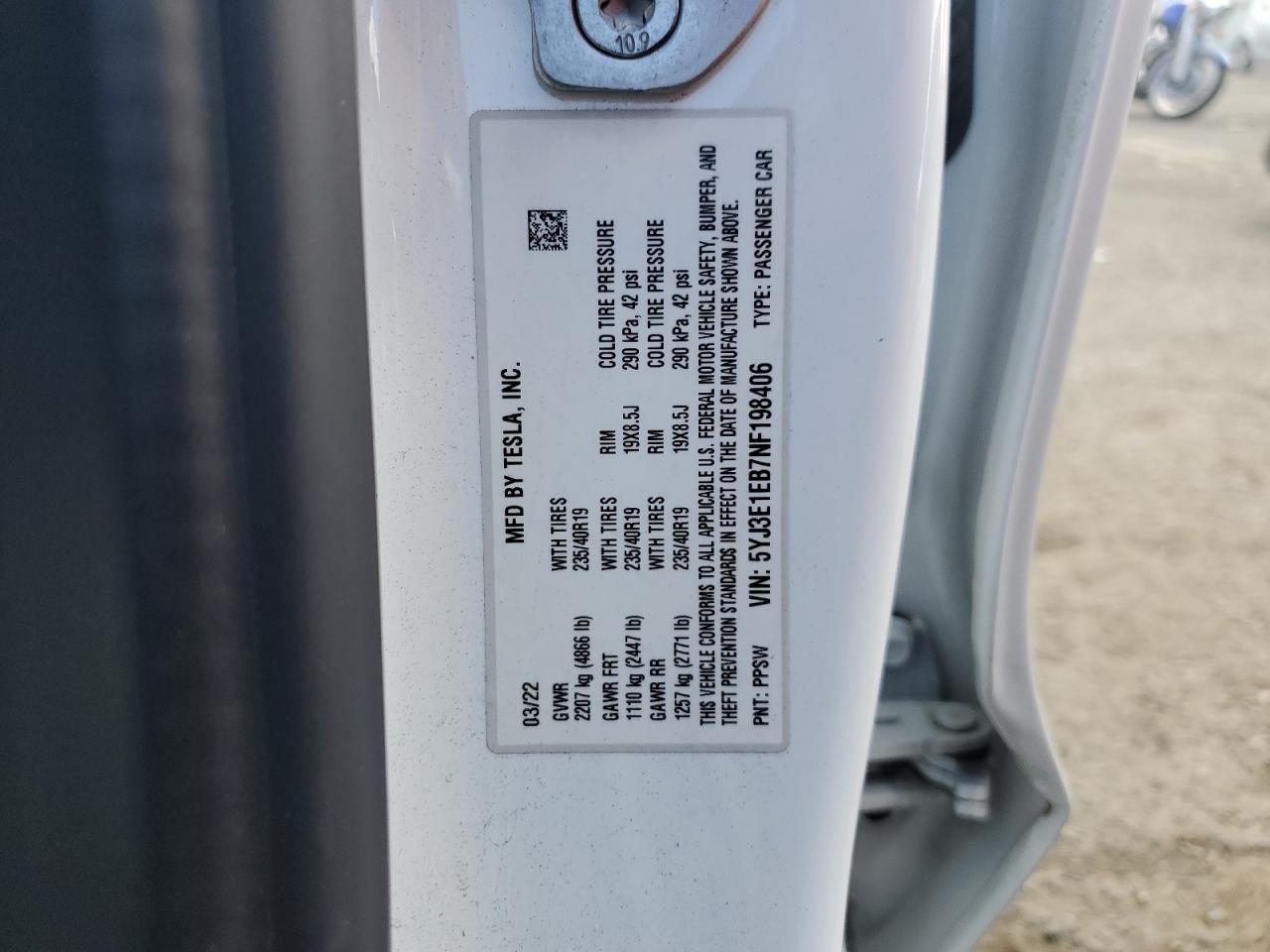 5YJ3E1EB7NF198406 2022 Tesla Model 3