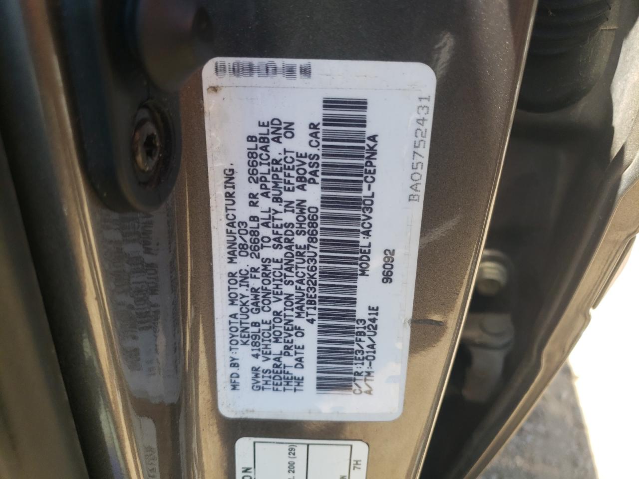 4T1BE32K63U786860 2003 Toyota Camry Le