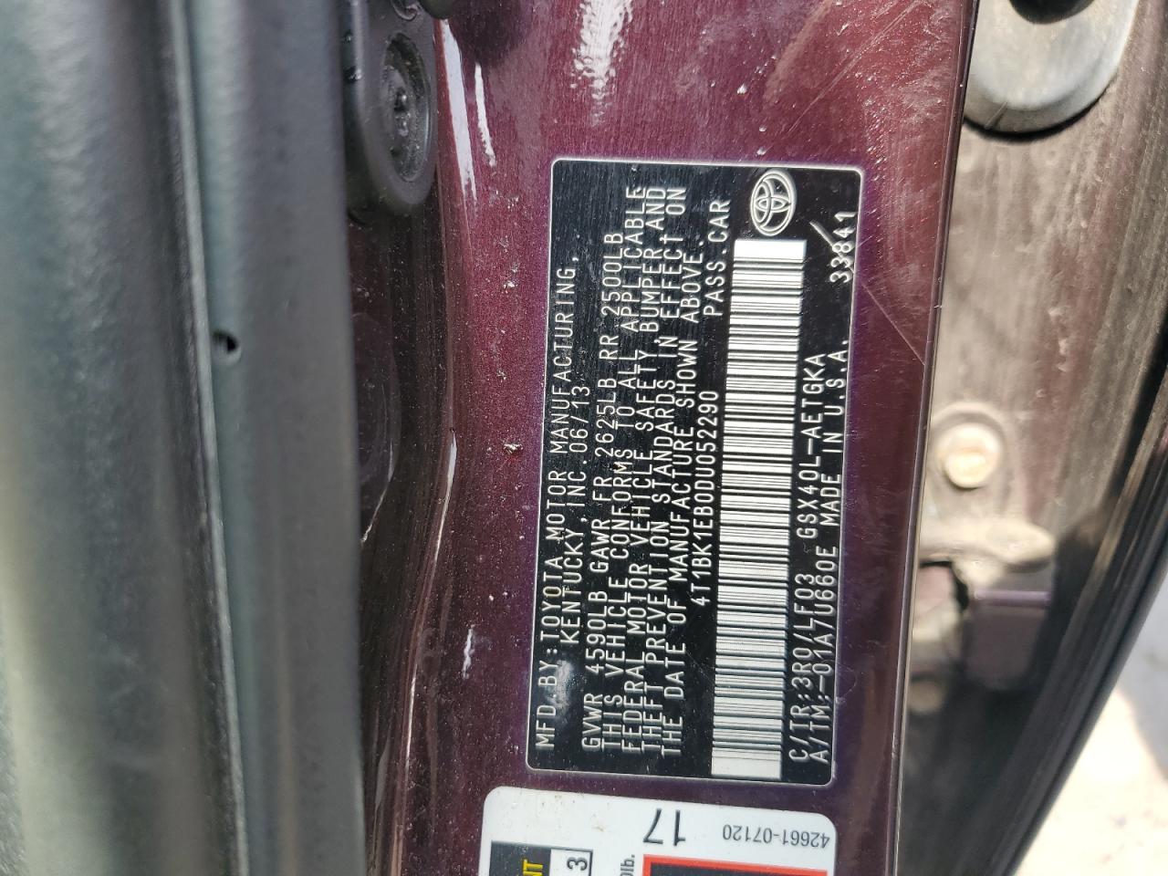 4T1BK1EB0DU052290 2013 Toyota Avalon Base