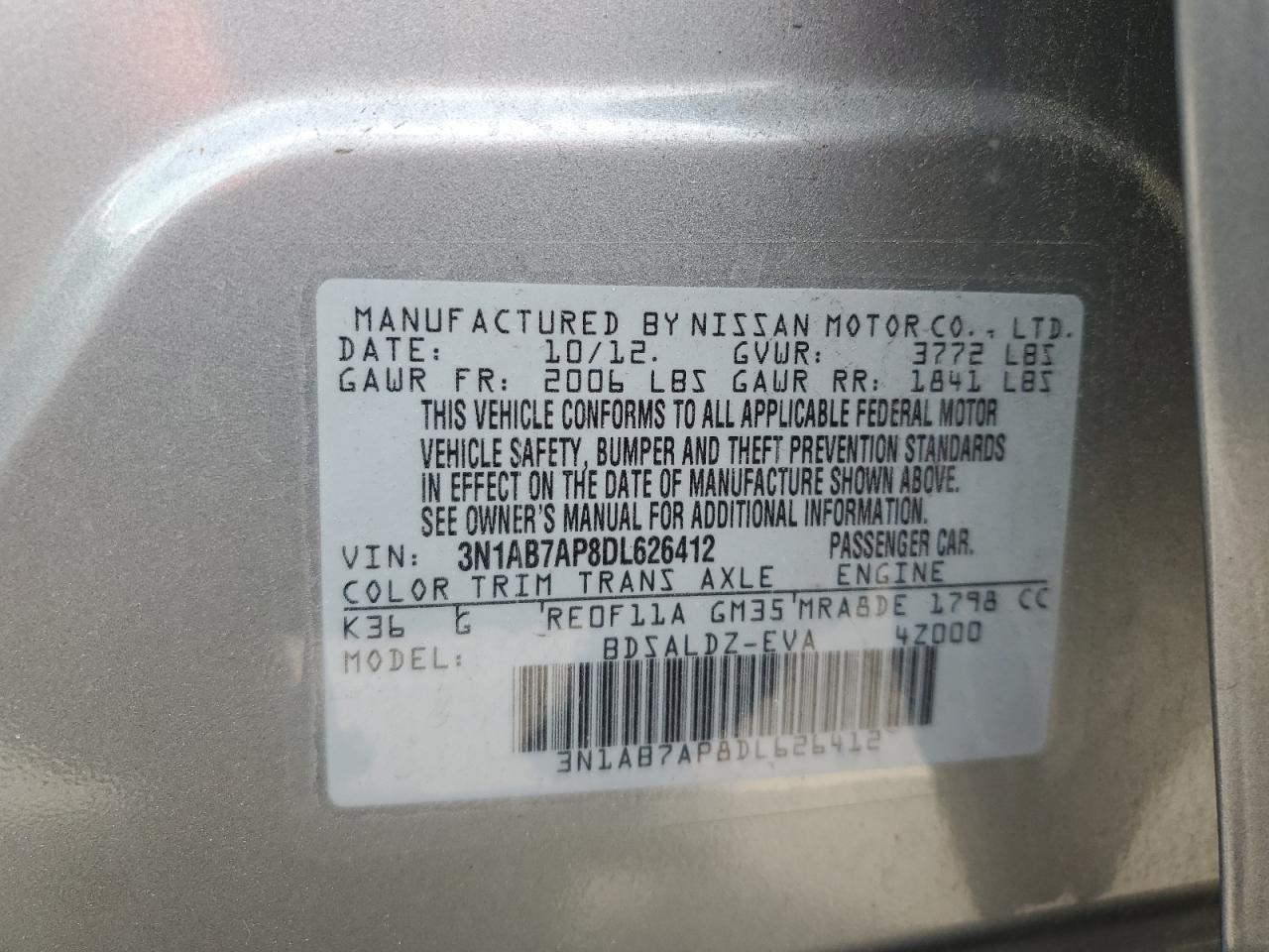 3N1AB7AP8DL626412 2013 Nissan Sentra S