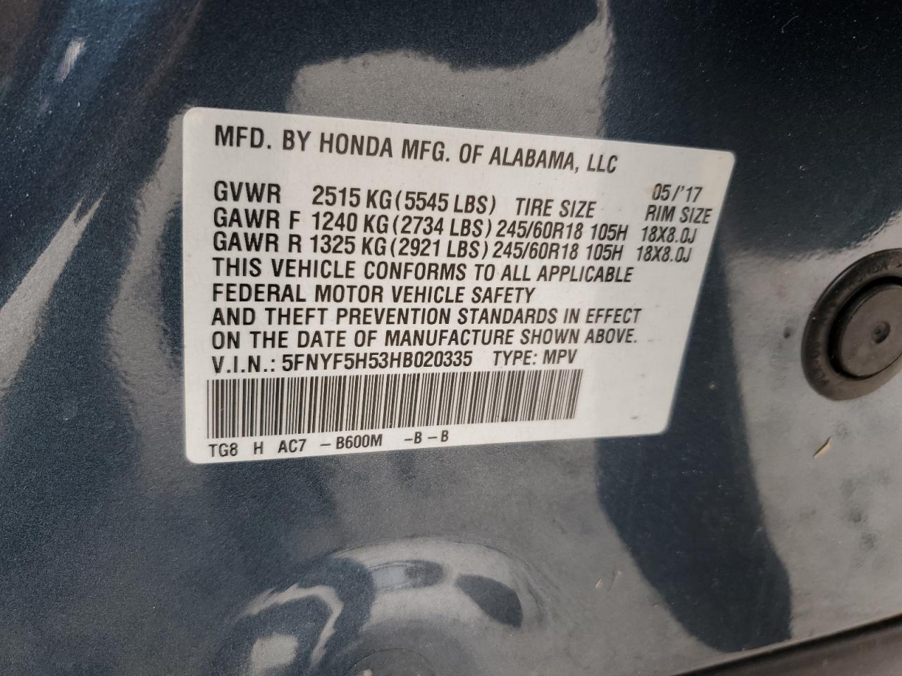 5FNYF5H53HB020335 HONDA PILOT 2017
