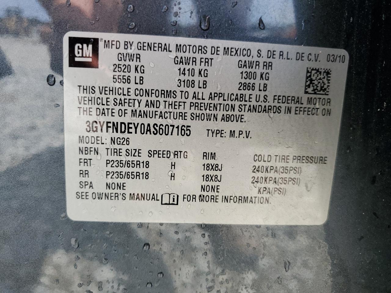 3GYFNDEY0AS607165 2010 Cadillac Srx Luxury Collection