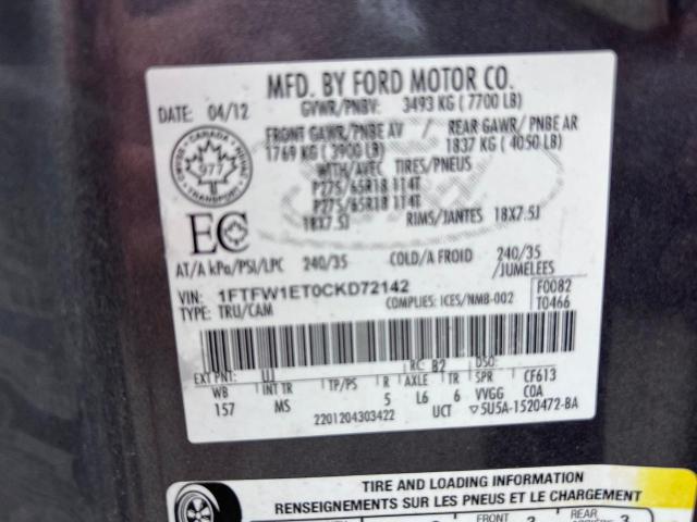 2012 Ford F150 Supercrew VIN: 1FTFW1ET0CKD72142 Lot: 61560584