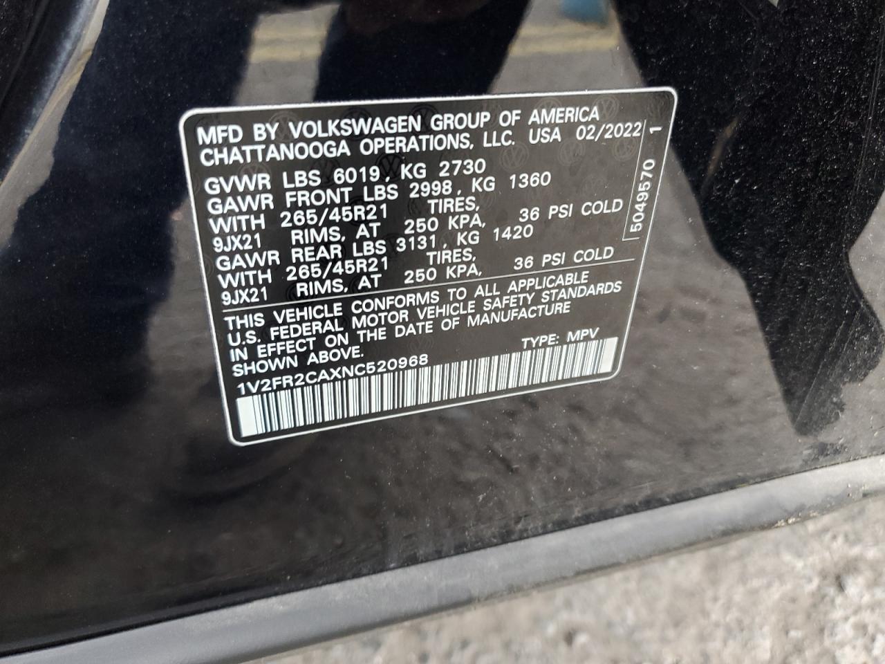 1V2FR2CAXNC520968 2022 Volkswagen Atlas Sel Premium R-Line