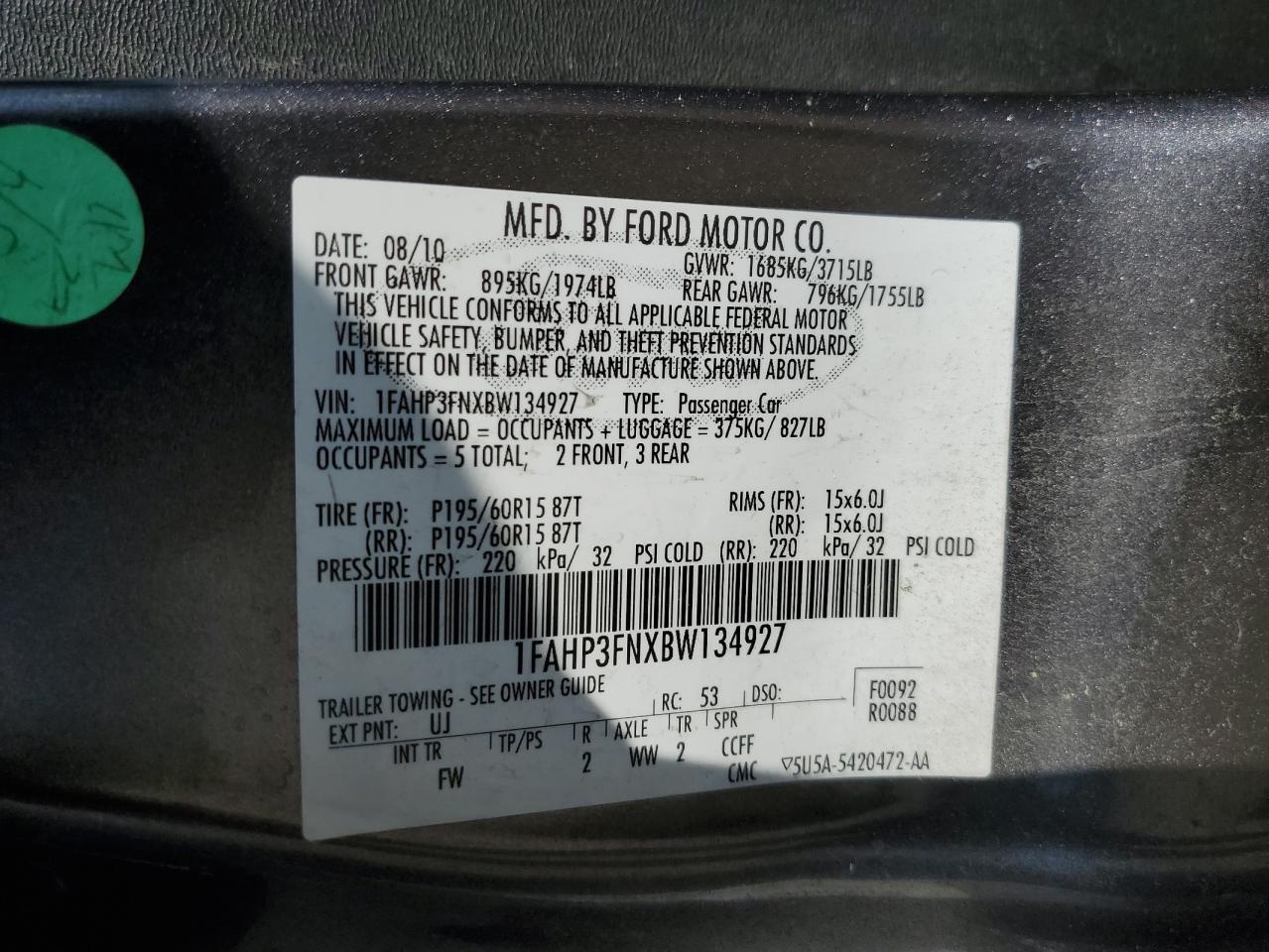 1FAHP3FNXBW134927 2011 Ford Focus Se