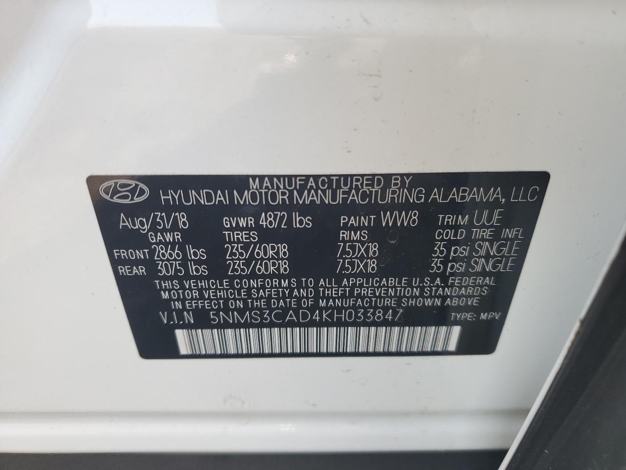 5NMS3CAD4KH033847 2019 Hyundai Santa Fe Sel