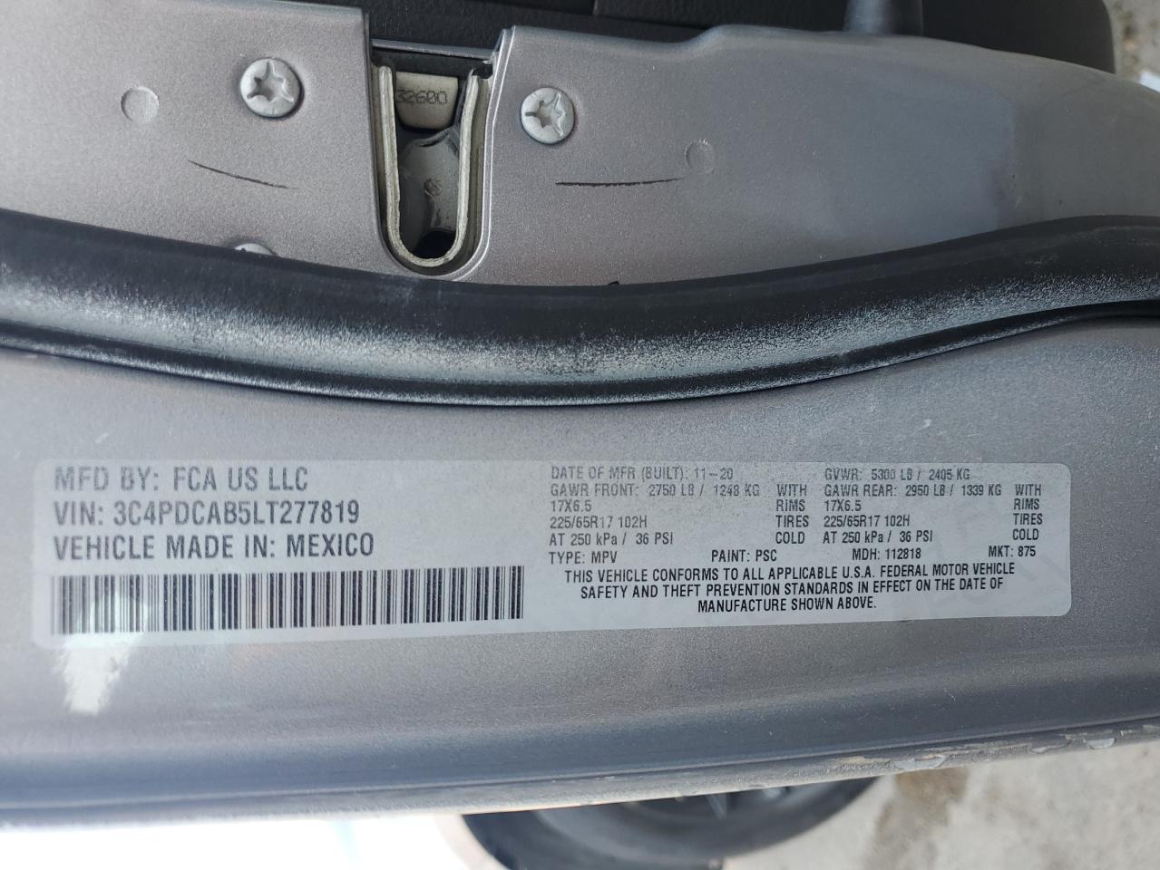 3C4PDCAB5LT277819 2020 Dodge Journey Se