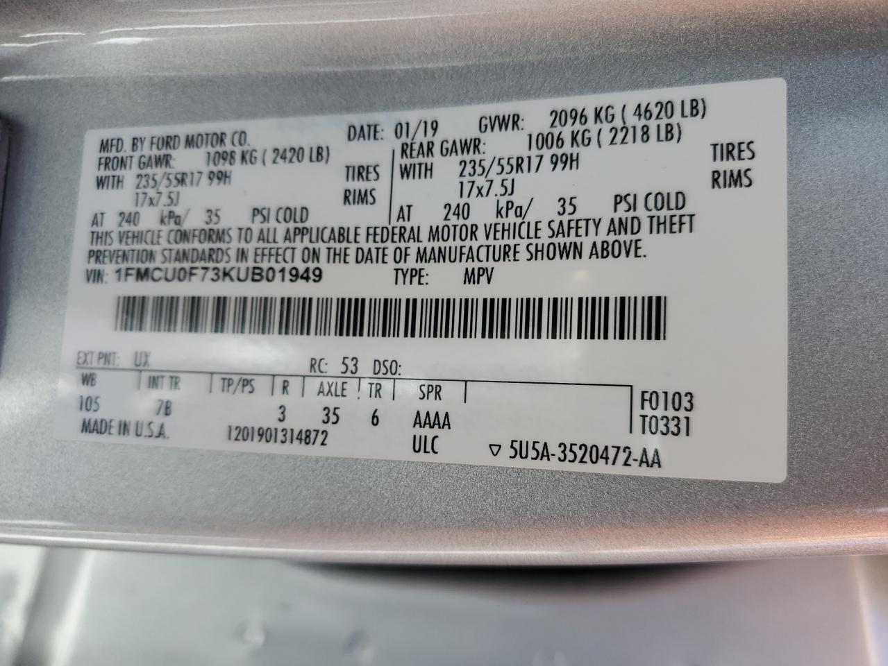 1FMCU0F73KUB01949 FORD ESCAPE 2019