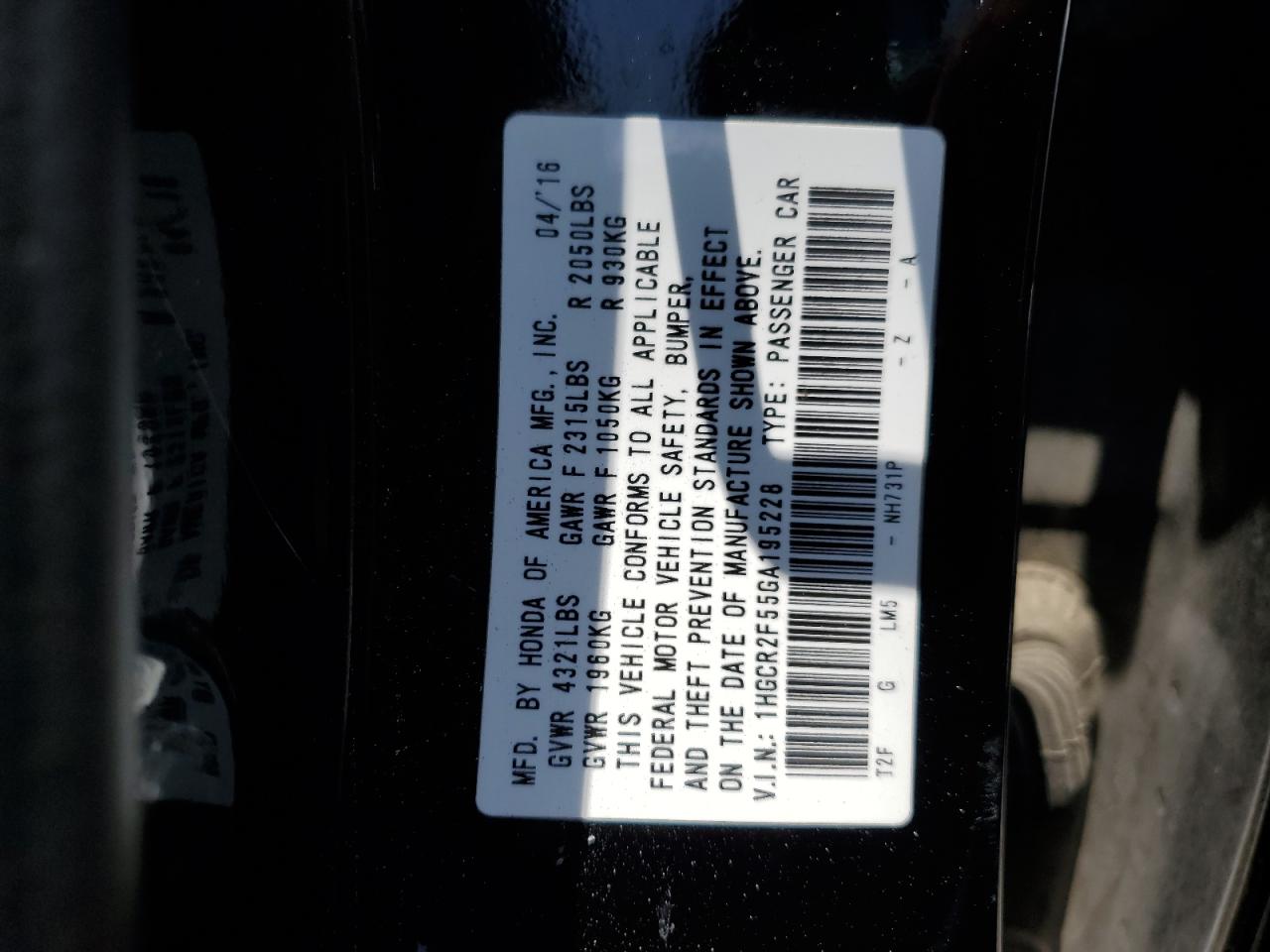 1HGCR2F55GA195228 HONDA ACCORD 2016