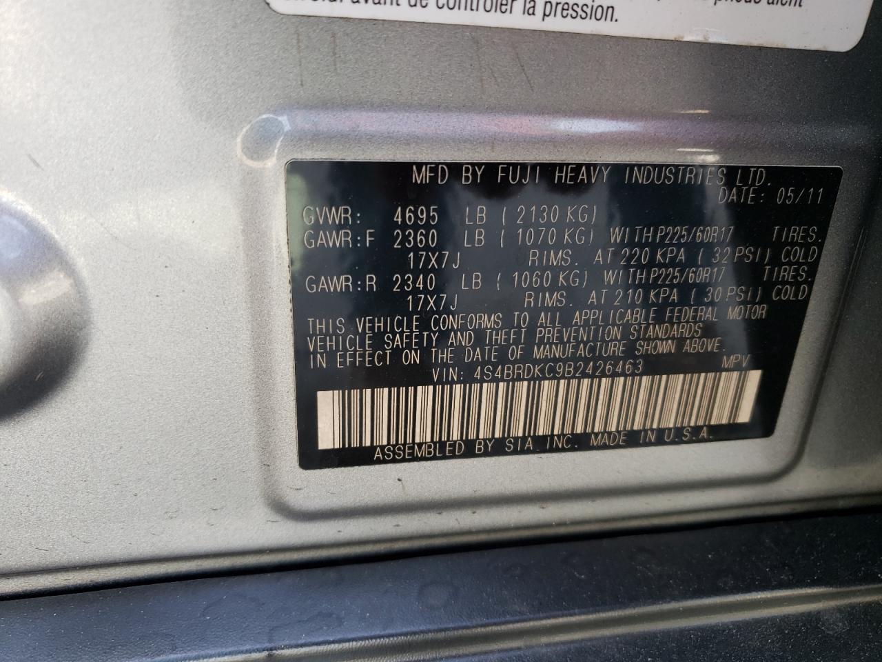 4S4BRDKC9B2426463 2011 Subaru Outback 3.6R Limited