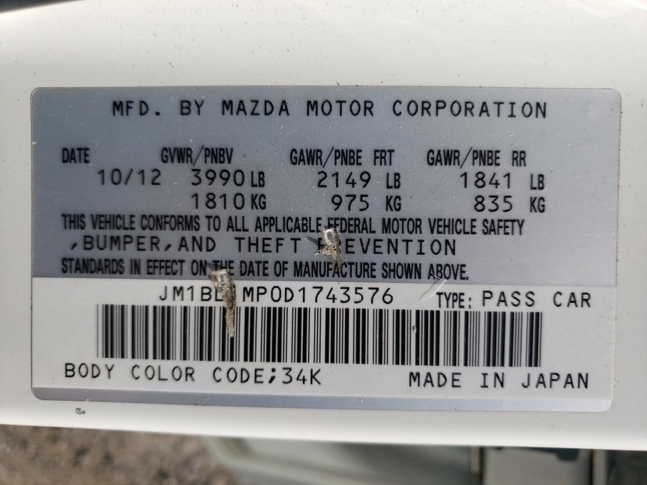 JM1BL1MP0D1743576 2013 Mazda 3 I