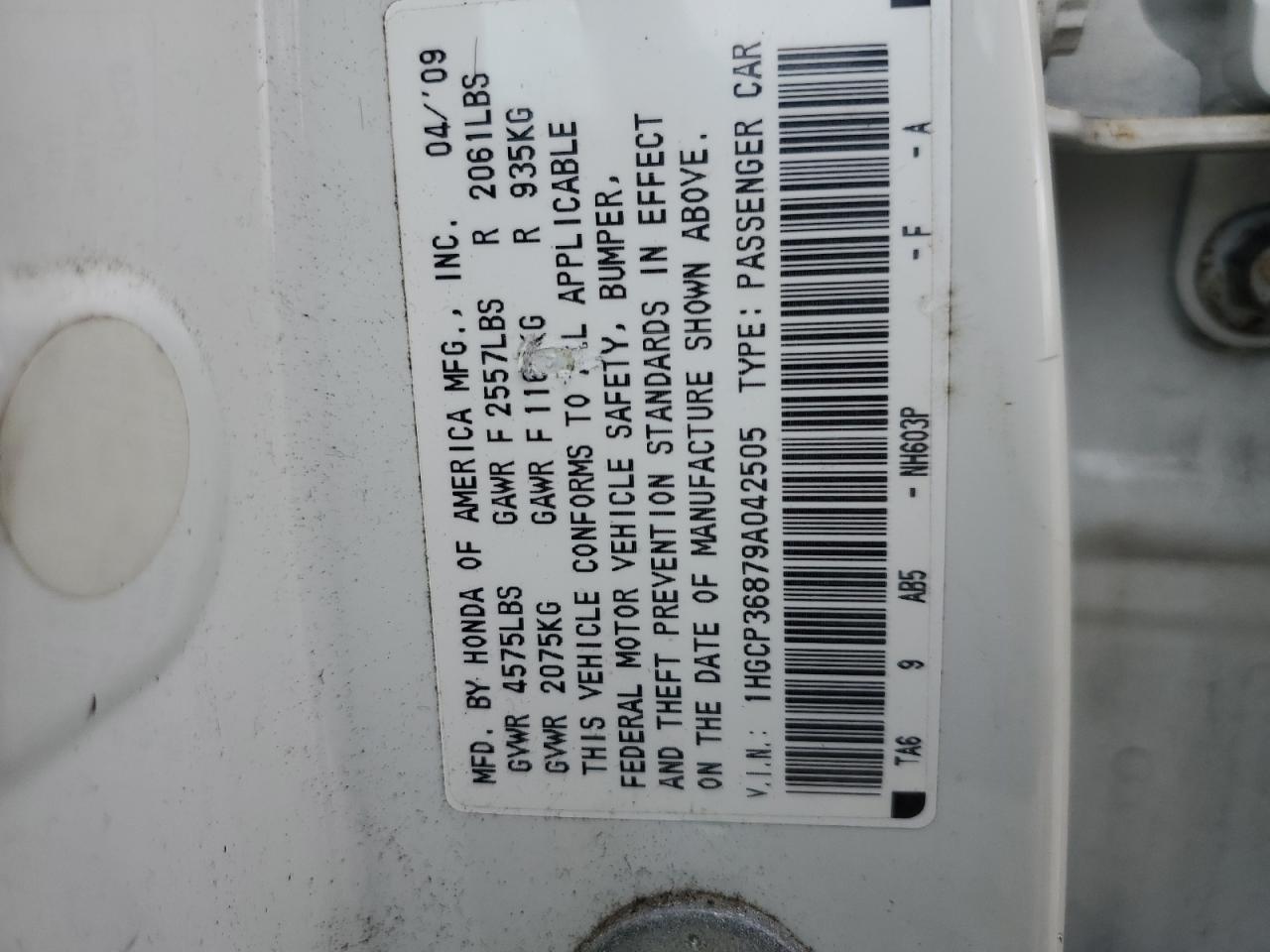 1HGCP36879A042505 2009 Honda Accord Exl