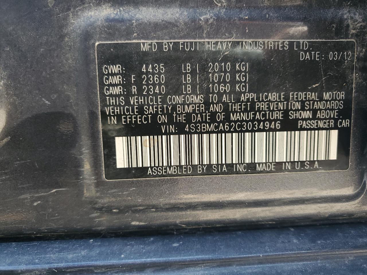 4S3BMCA62C3034946 2012 Subaru Legacy 2.5I