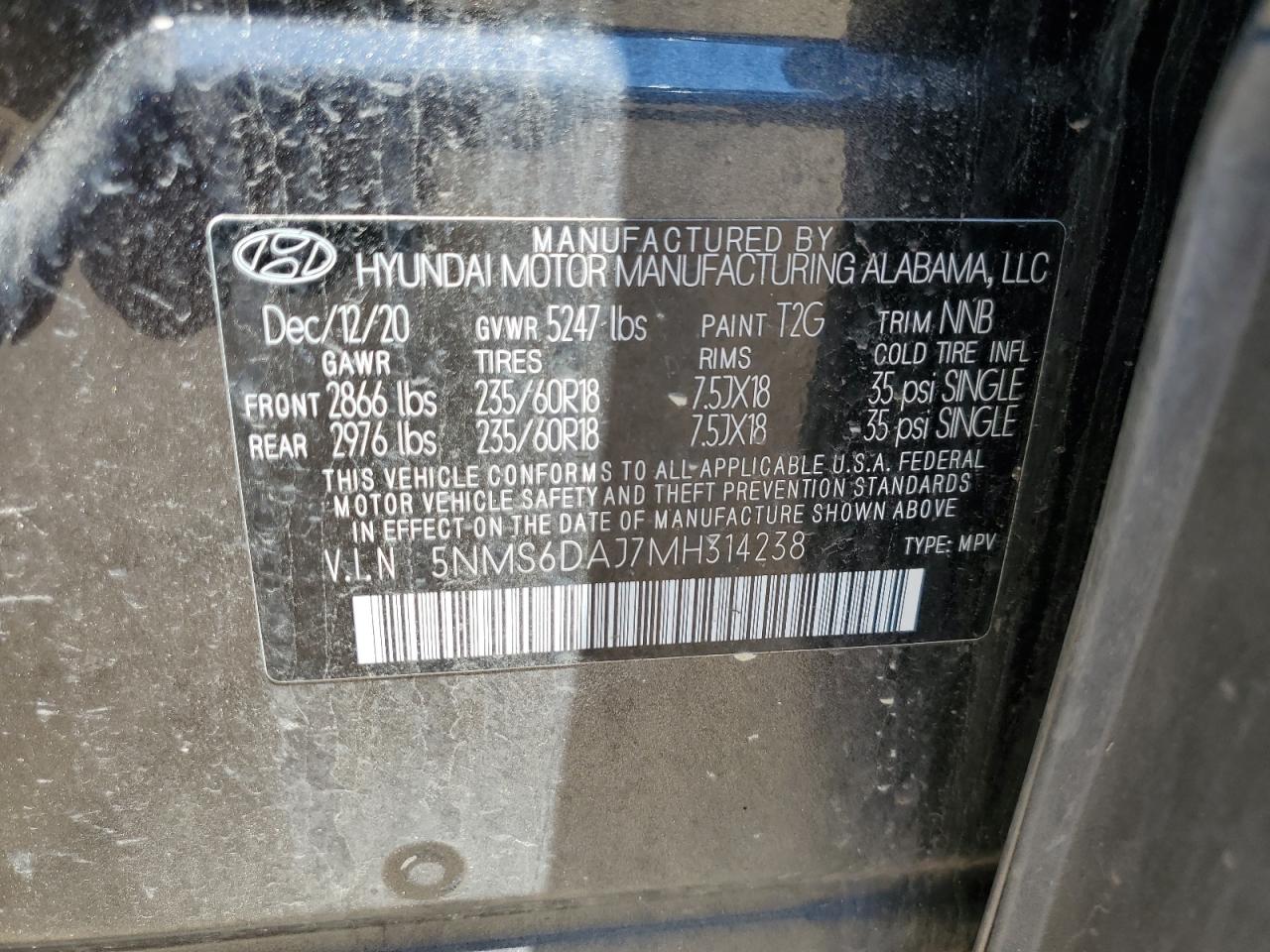 5NMS6DAJ7MH314238 2021 Hyundai Santa Fe Sel