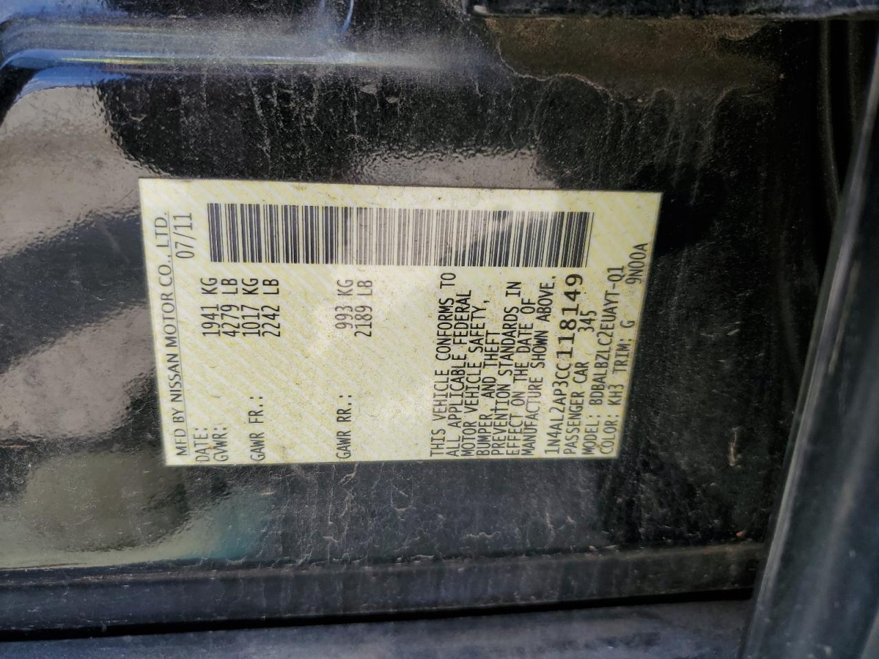 2012 Nissan Altima Base vin: 1N4AL2AP3CC118149