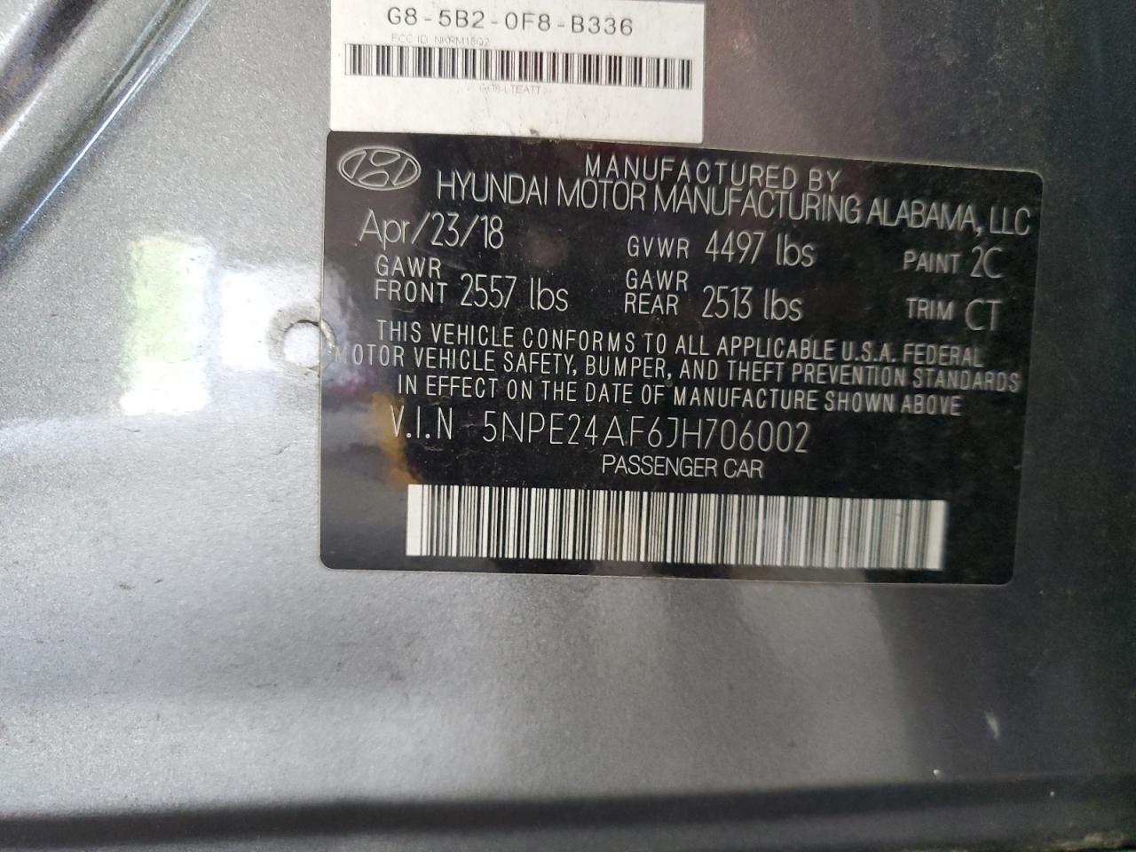 5NPE24AF6JH706002 2018 Hyundai Sonata Se