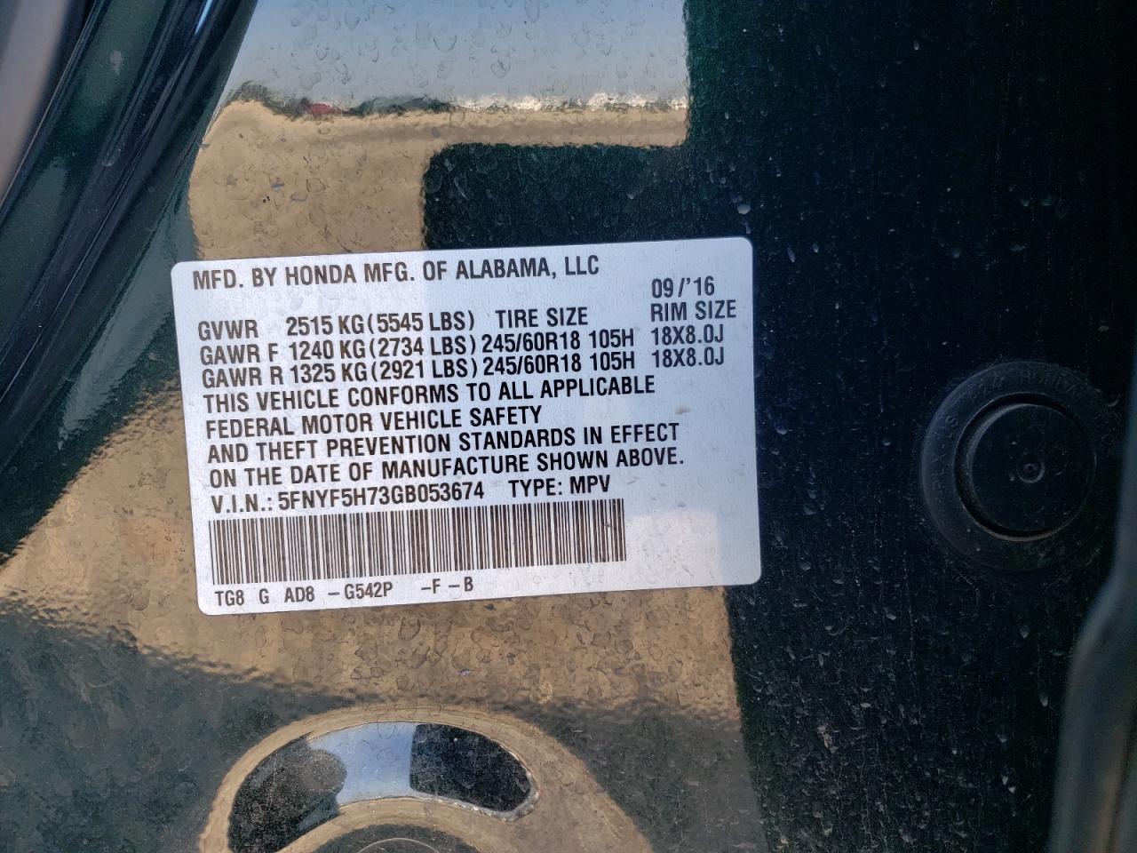 5FNYF5H73GB053674 HONDA PILOT 2016