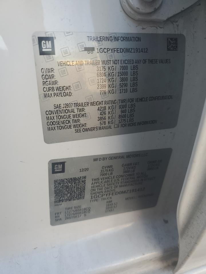 1GCPYFED0MZ191412 2021 Chevrolet Silverado K1500 Lt Trail Boss