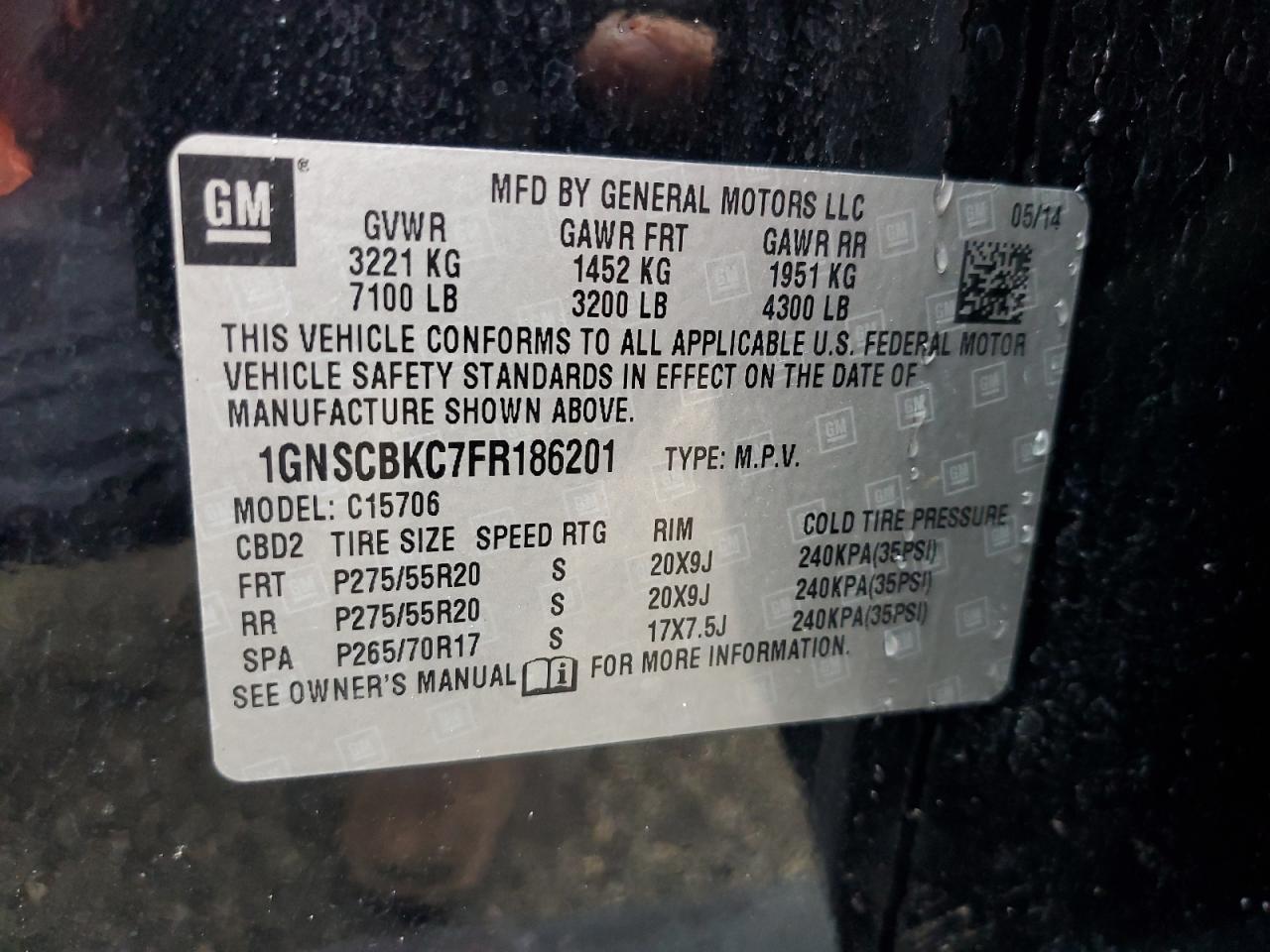 1GNSCBKC7FR186201 2015 Chevrolet Tahoe C1500 Lt