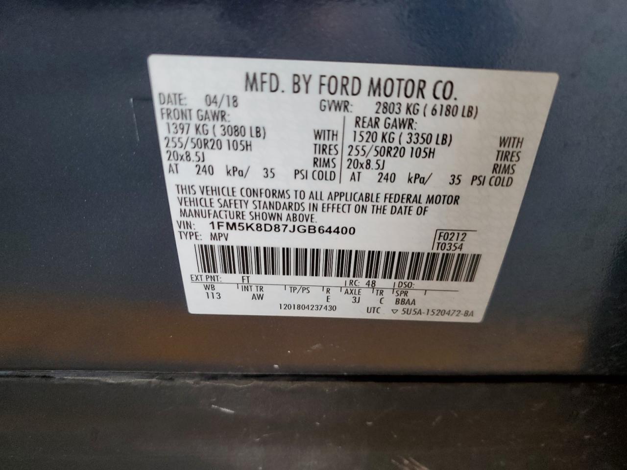 1FM5K8D87JGB64400 2018 Ford Explorer Xlt