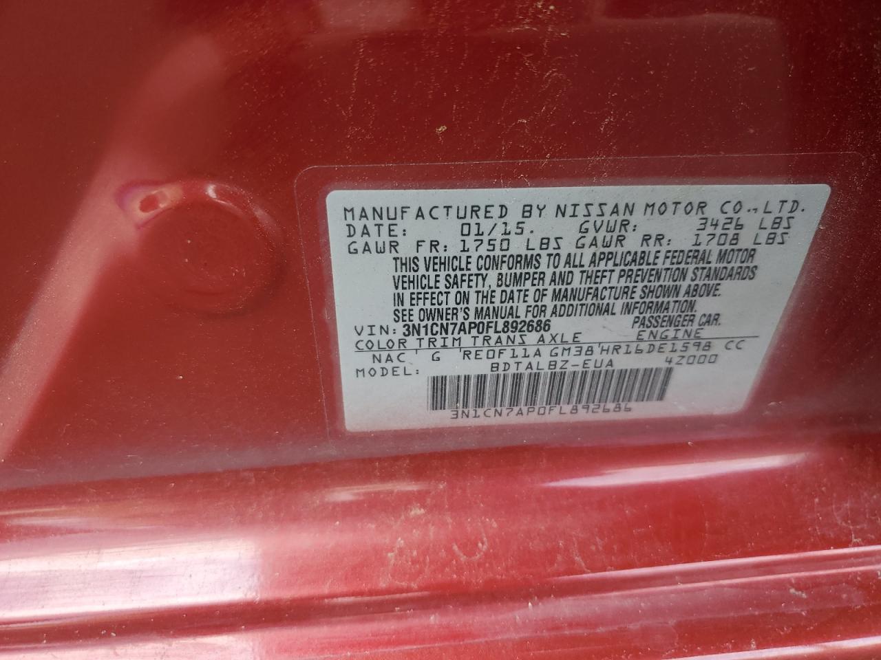 3N1CN7AP0FL892686 2015 Nissan Versa S