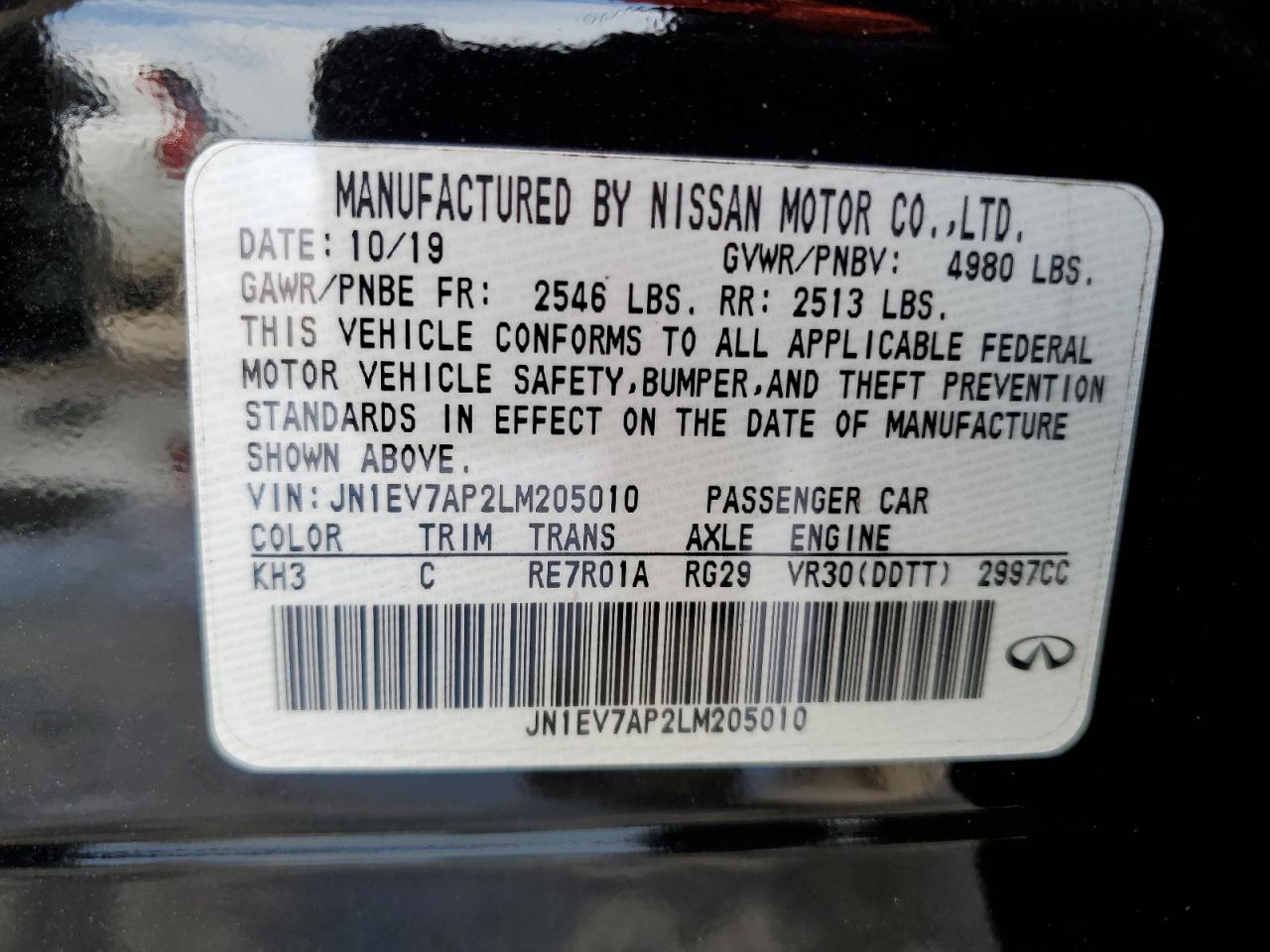 JN1EV7AP2LM205010 2020 Infiniti Q50 Pure