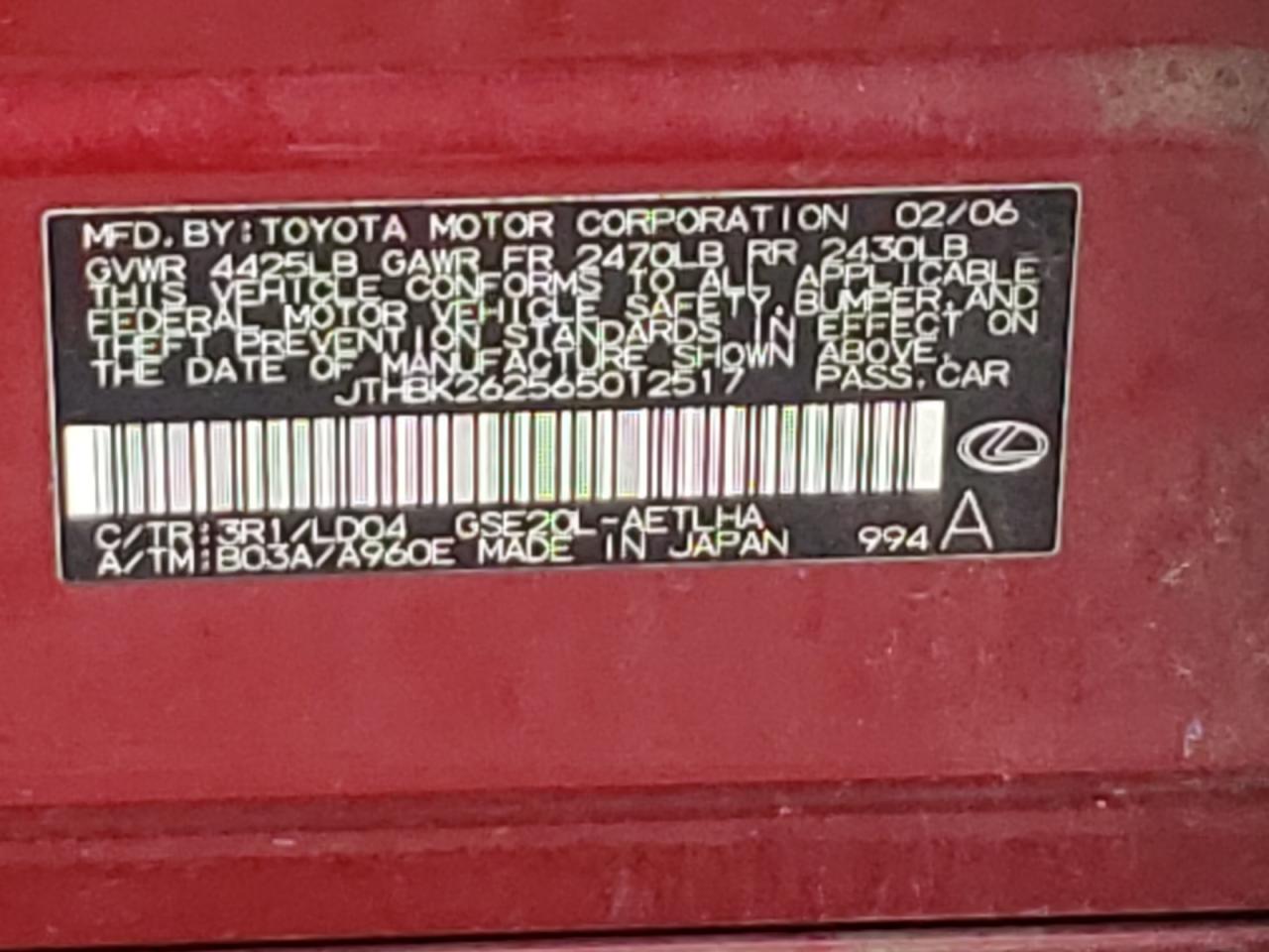 JTHBK262565012517 2006 Lexus Is 250