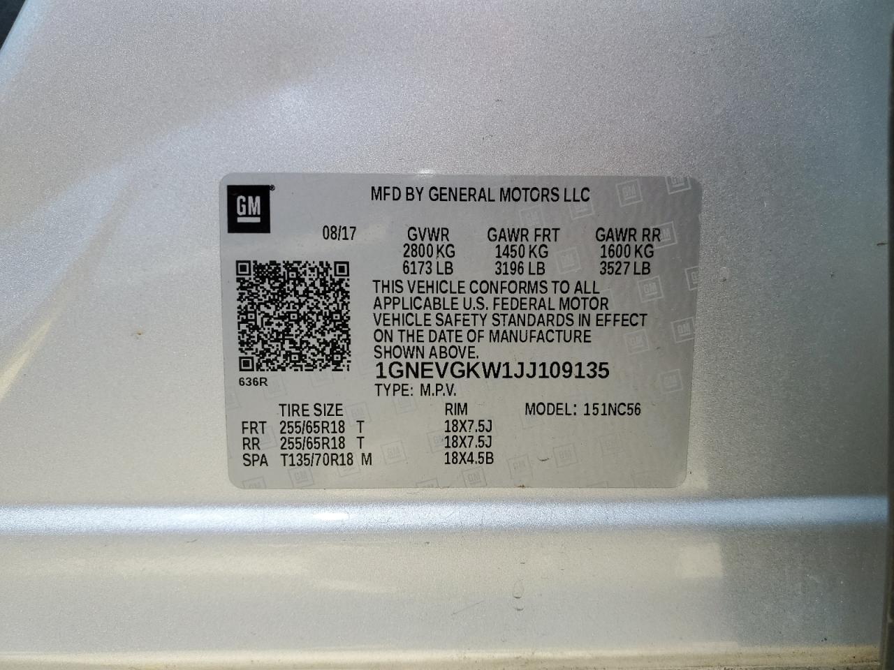 1GNEVGKW1JJ109135 2018 Chevrolet Traverse Lt