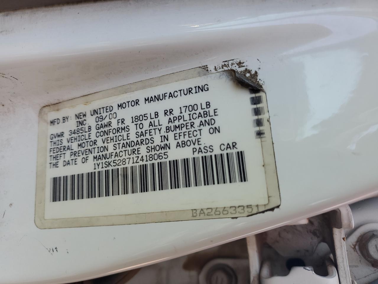 1Y1SK52871Z418065 2001 Chevrolet Geo Prizm Base