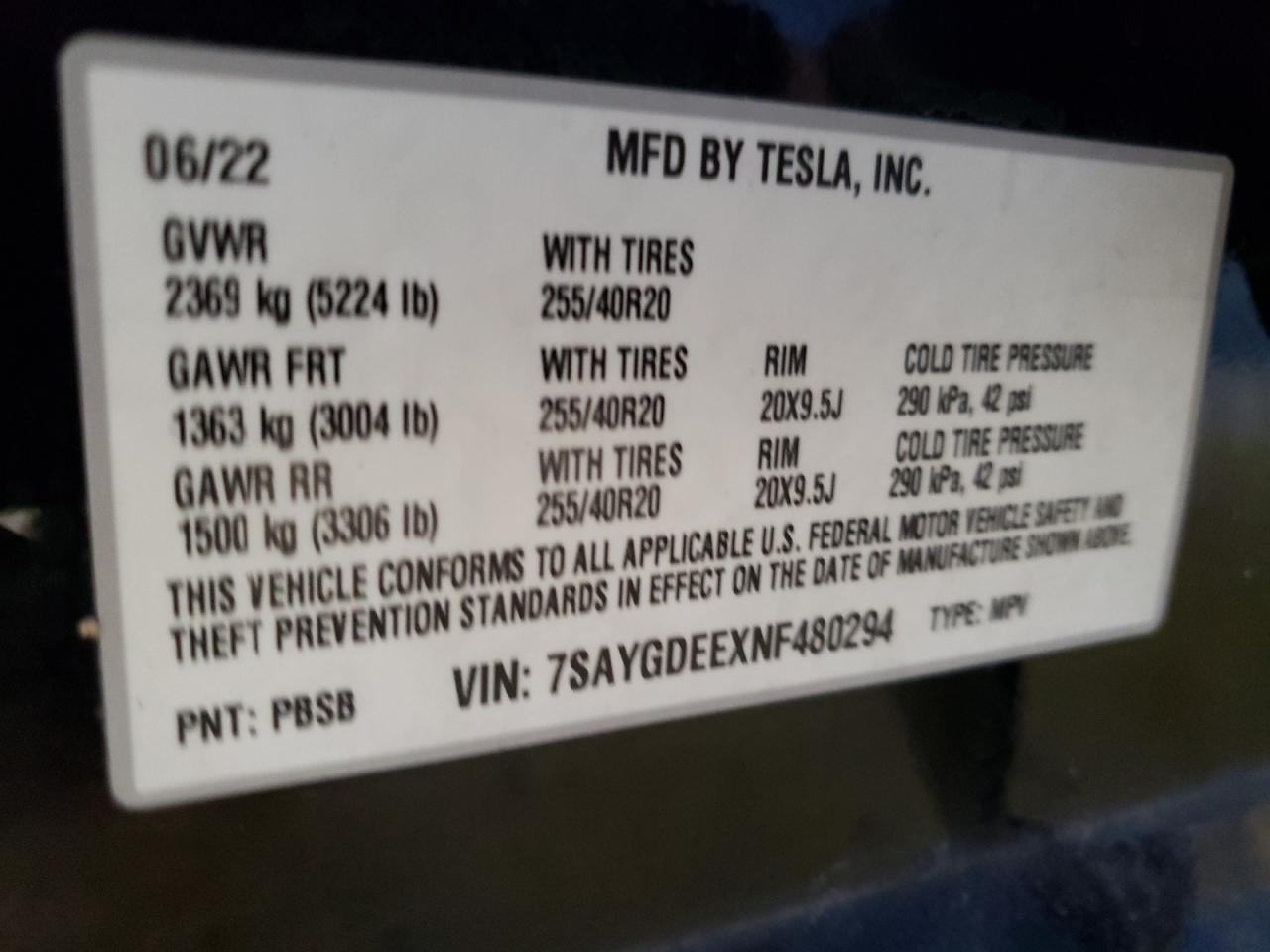 7SAYGDEEXNF480294 2022 Tesla Model Y