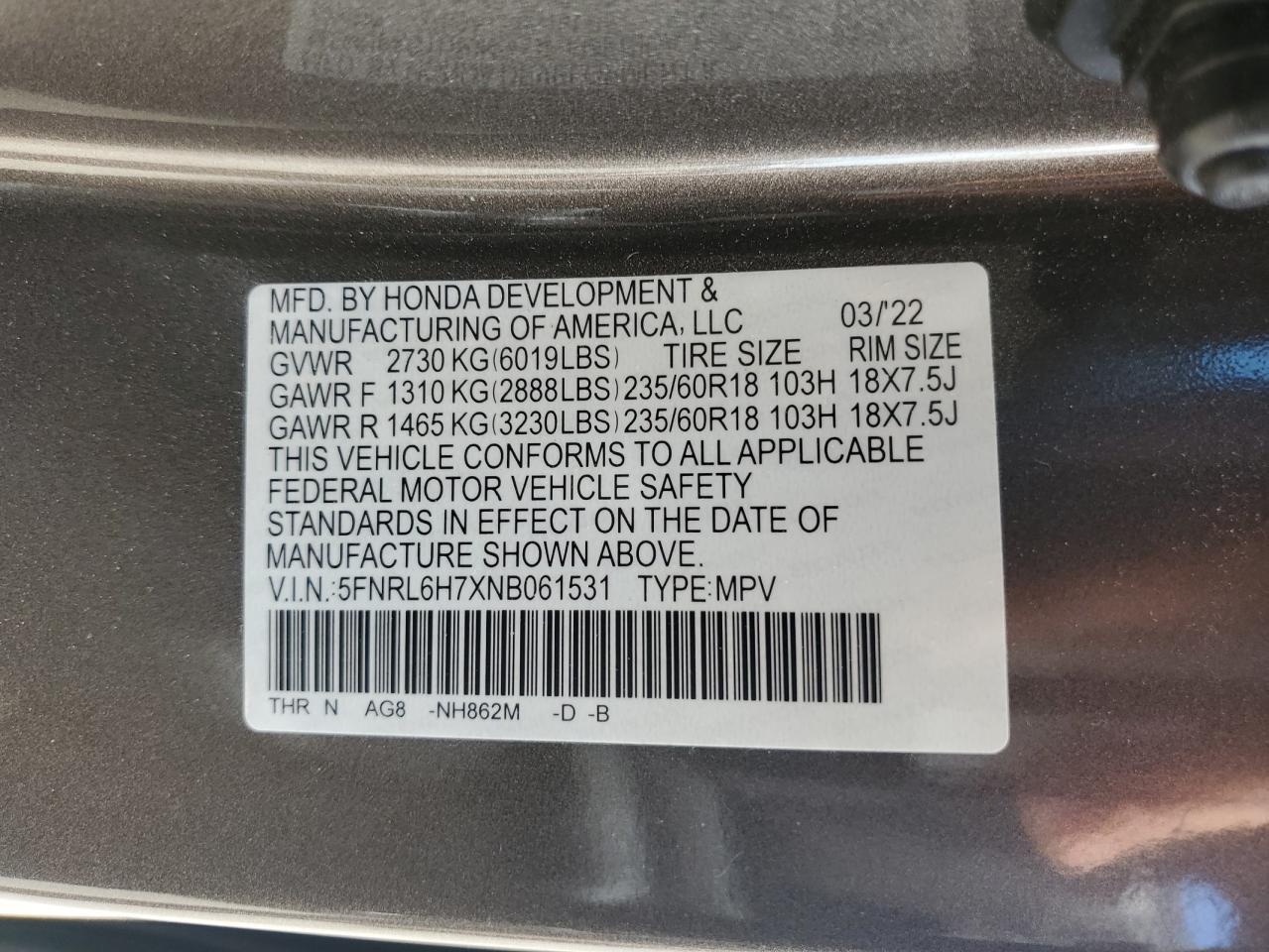 5FNRL6H7XNB061531 2022 Honda Odyssey Exl