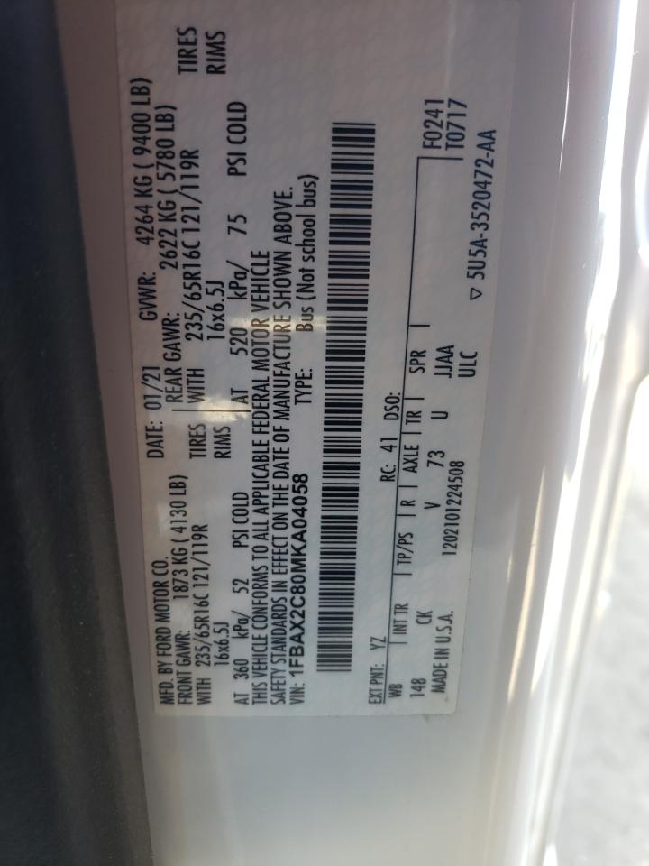 1FBAX2C80MKA04058 FORD TRANSIT 2021
