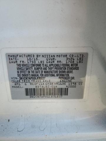 2016 Nissan Versa S VIN: 3N1CN7APXGL836837 Lot: 58824314