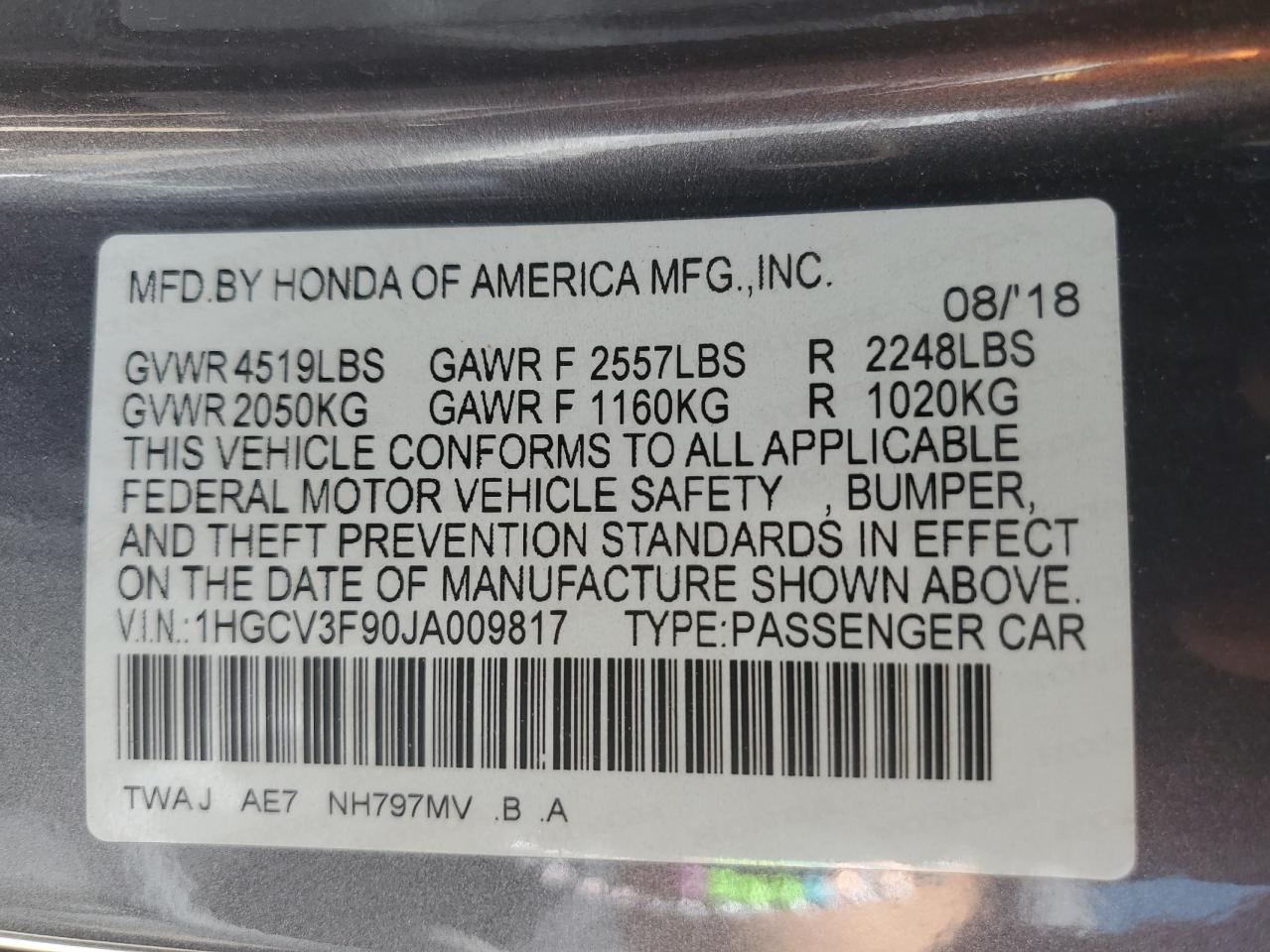 1HGCV3F90JA009817 HONDA ACCORD 2018