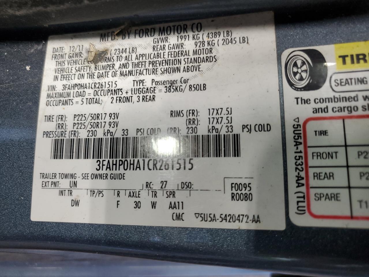 3FAHP0HA1CR261515 2012 Ford Fusion Se