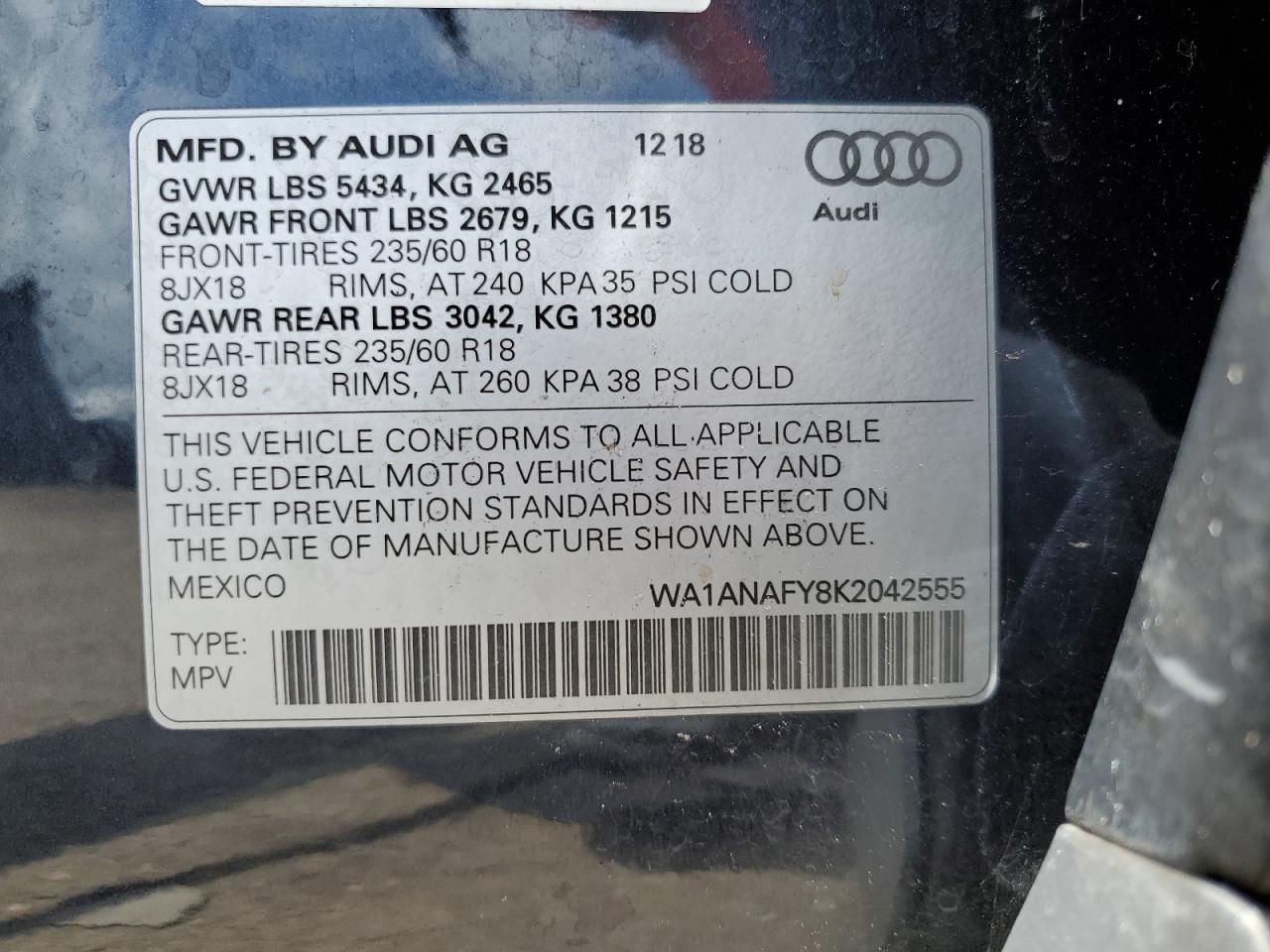 WA1ANAFY8K2042555 2019 Audi Q5 Premium