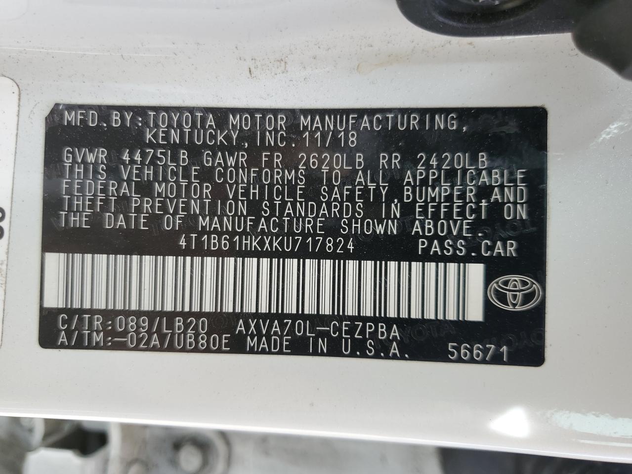 4T1B61HKXKU717824 2019 Toyota Camry Xse