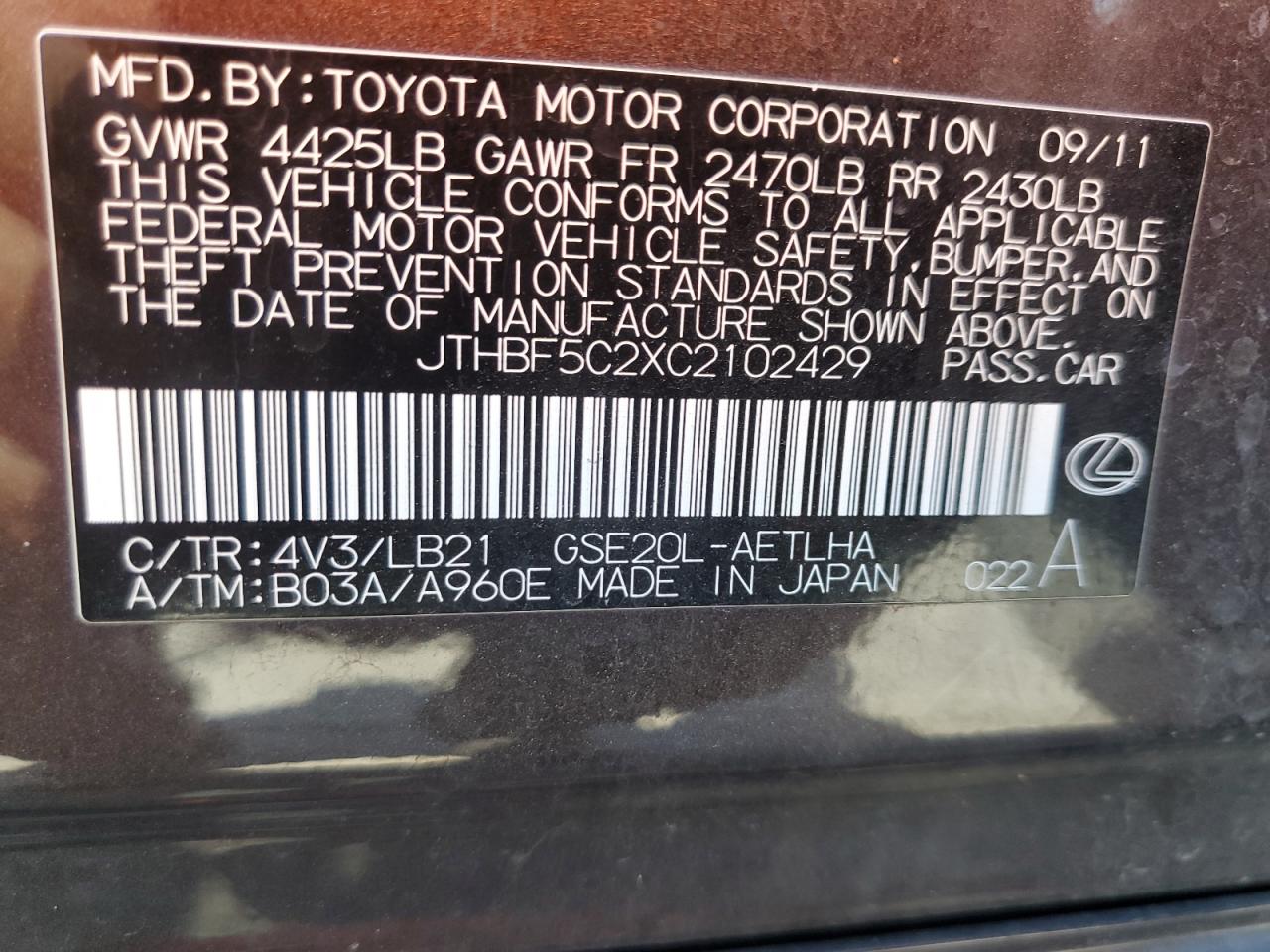 JTHBF5C2XC2102429 2012 Lexus Is 250