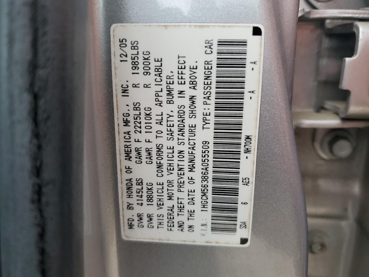 1HGCM56386A055509 2006 Honda Accord Se