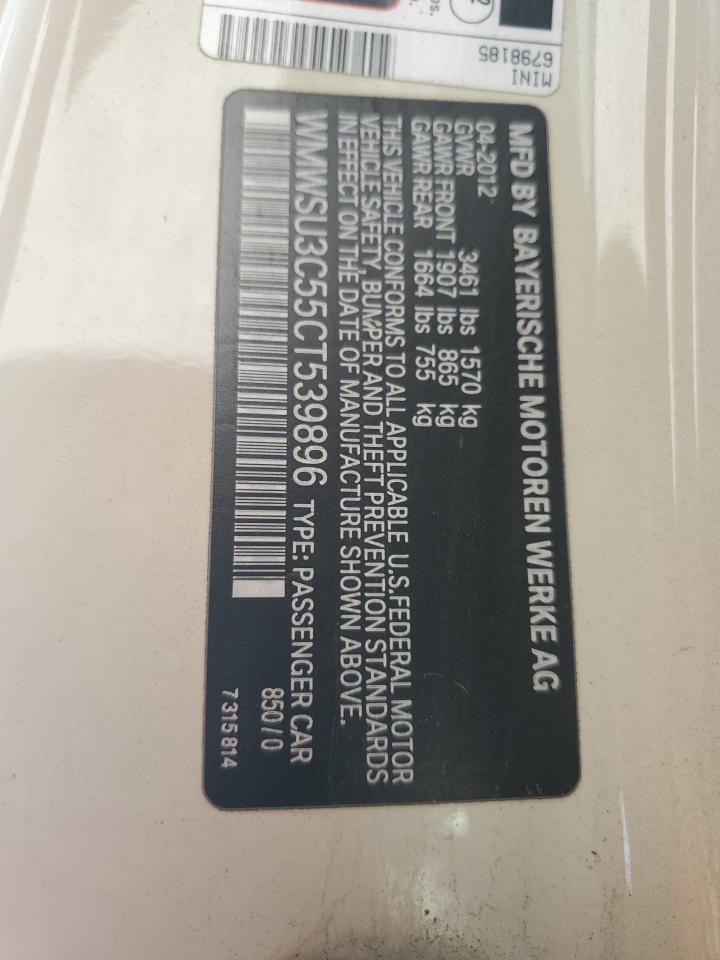 WMWSU3C55CT539896 2012 Mini Cooper