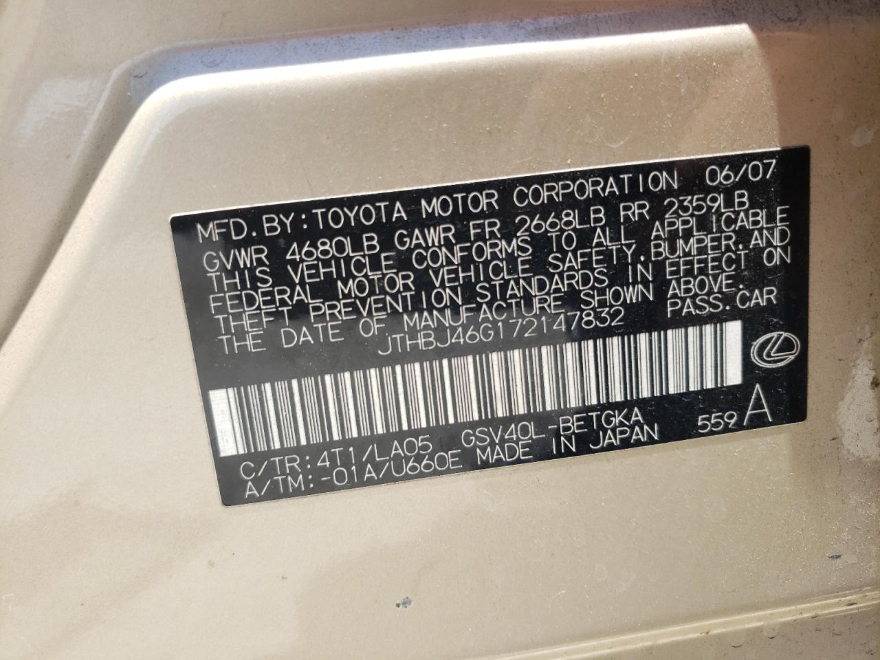 JTHBJ46G172147832 2007 Lexus Es 350