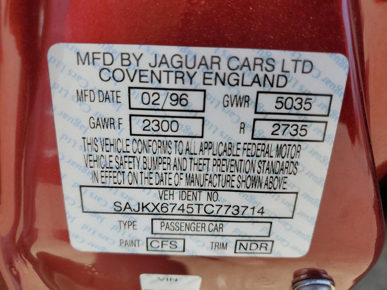 SAJKX6745TC773714 1996 Jaguar Vandenplas