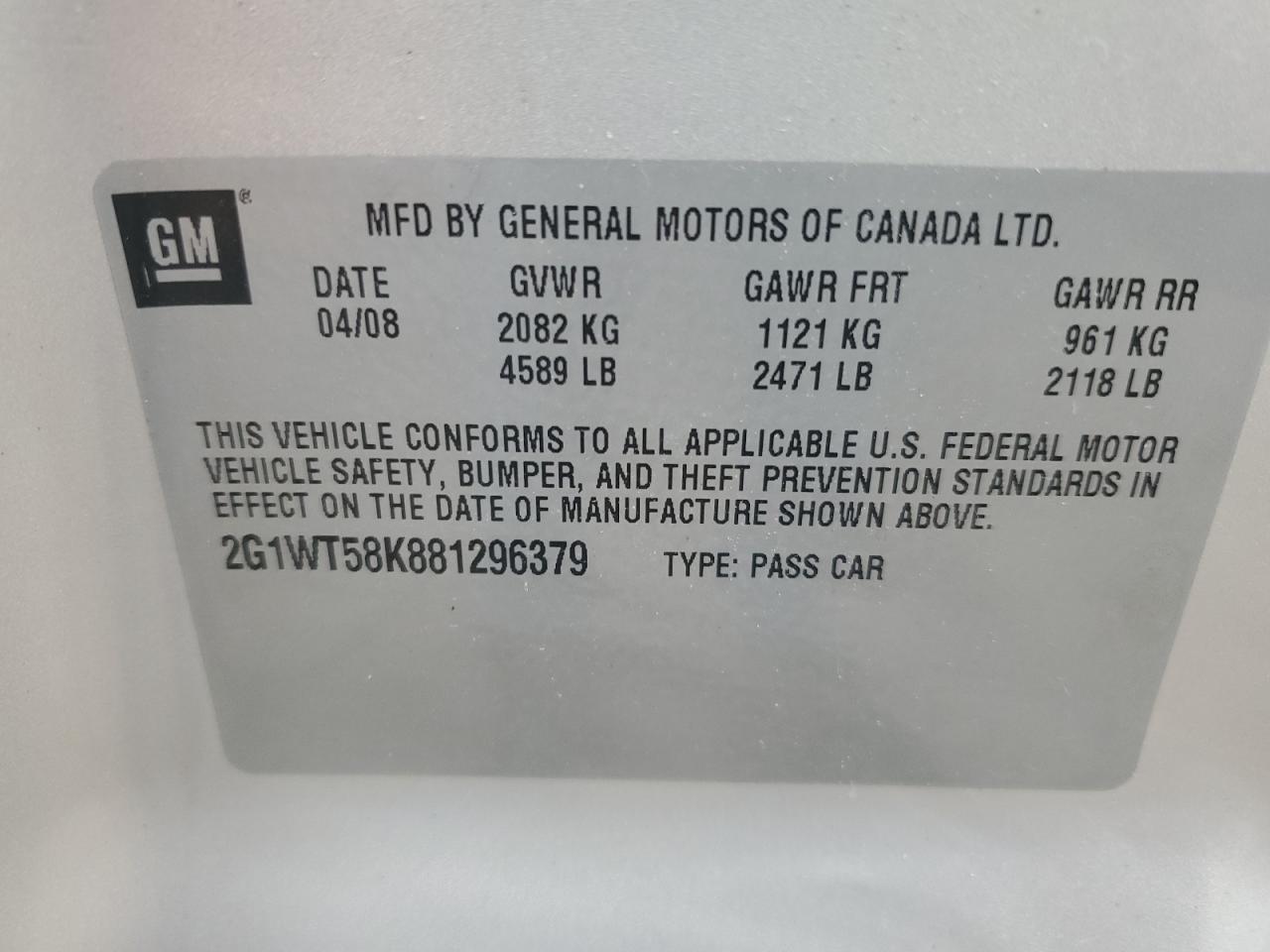 2G1WT58K881296379 2008 Chevrolet Impala Lt