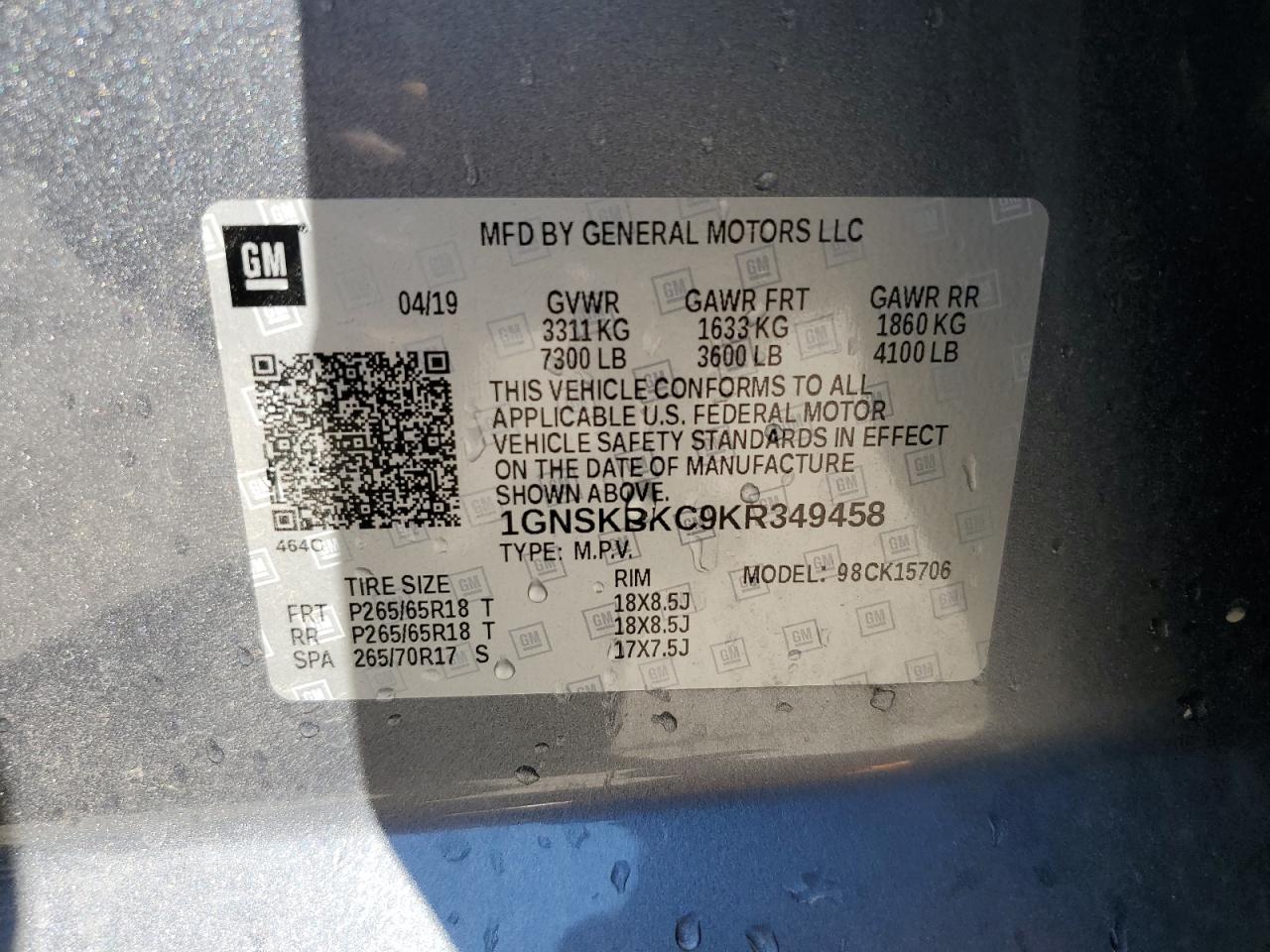 1GNSKBKC9KR349458 CHEVROLET TAHOE 2019