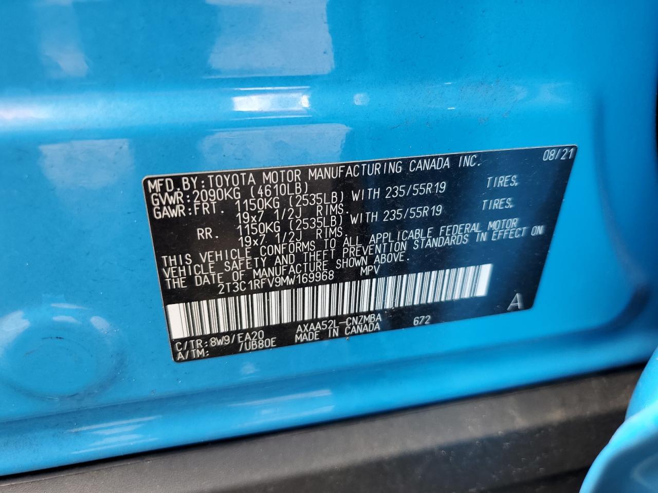 2T3C1RFV9MW169968 2021 Toyota Rav4 Xle Premium