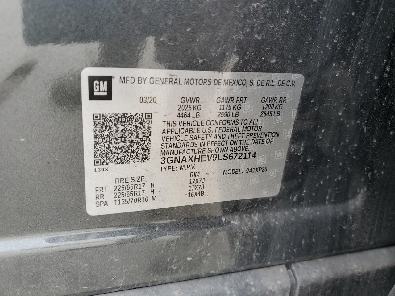 3GNAXHEV9LS672114 2020 Chevrolet Equinox Ls