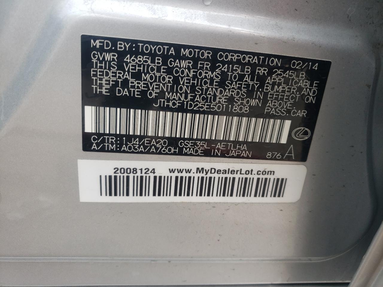 JTHCF1D25E5011808 2014 Lexus Is 250