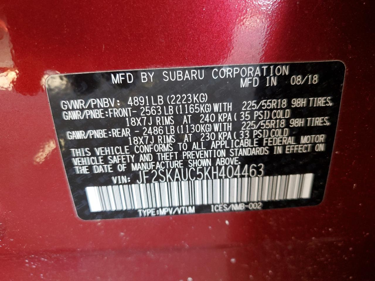 JF2SKAUC5KH404463 2019 Subaru Forester Limited