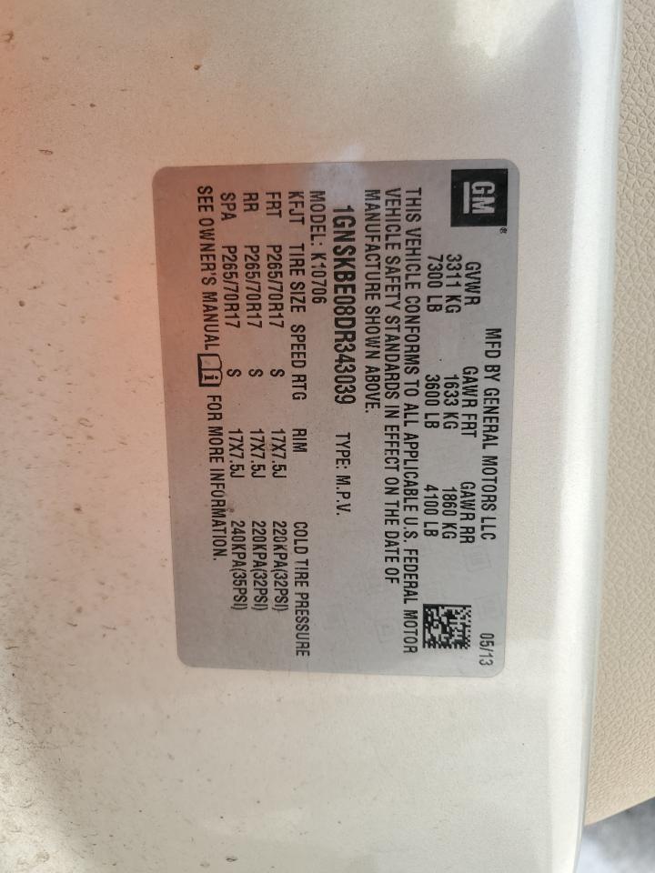 1GNSKBE08DR343039 2013 Chevrolet Tahoe K1500 Lt