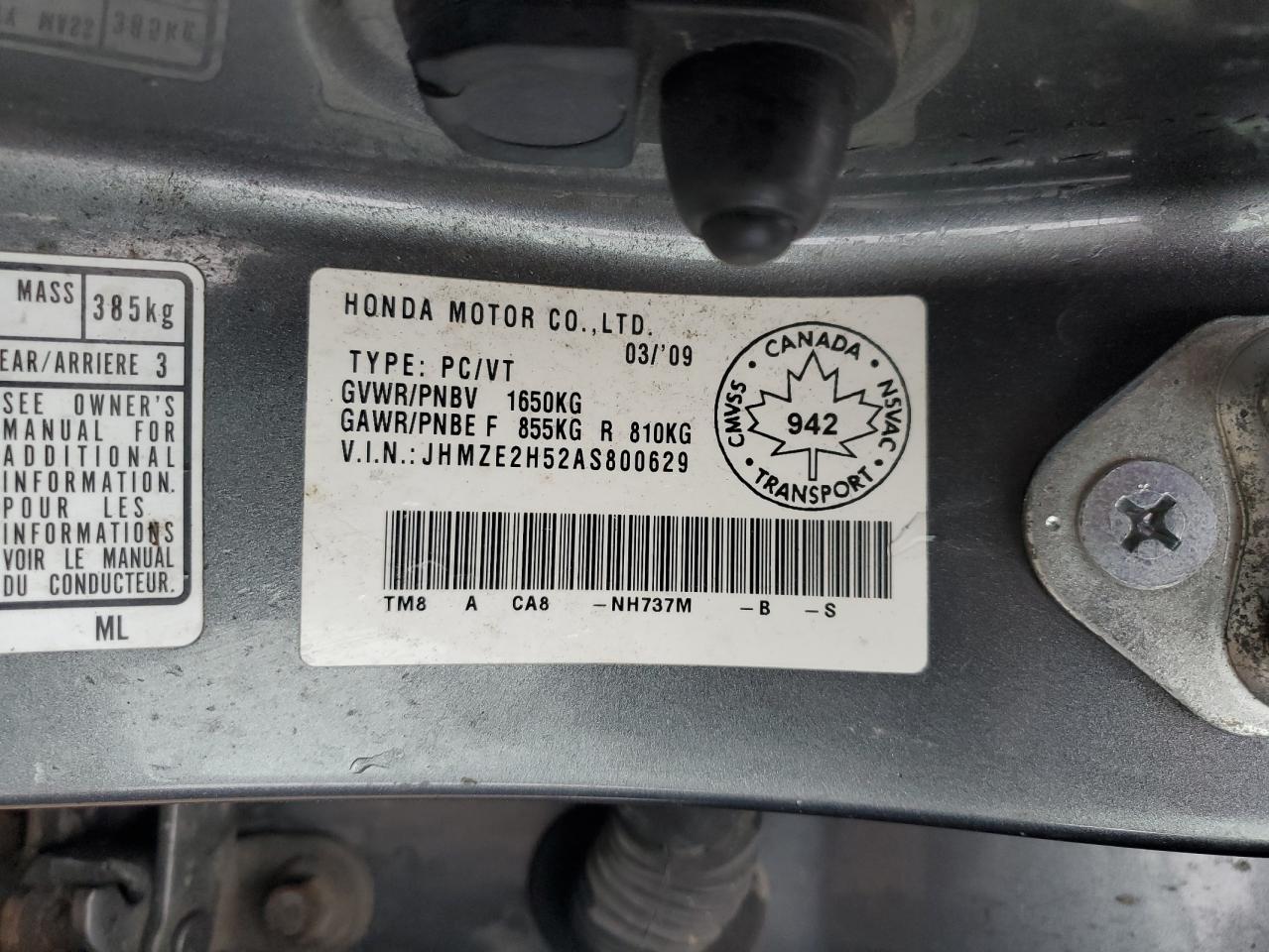 JHMZE2H52AS800629 2010 Honda Insight Lx